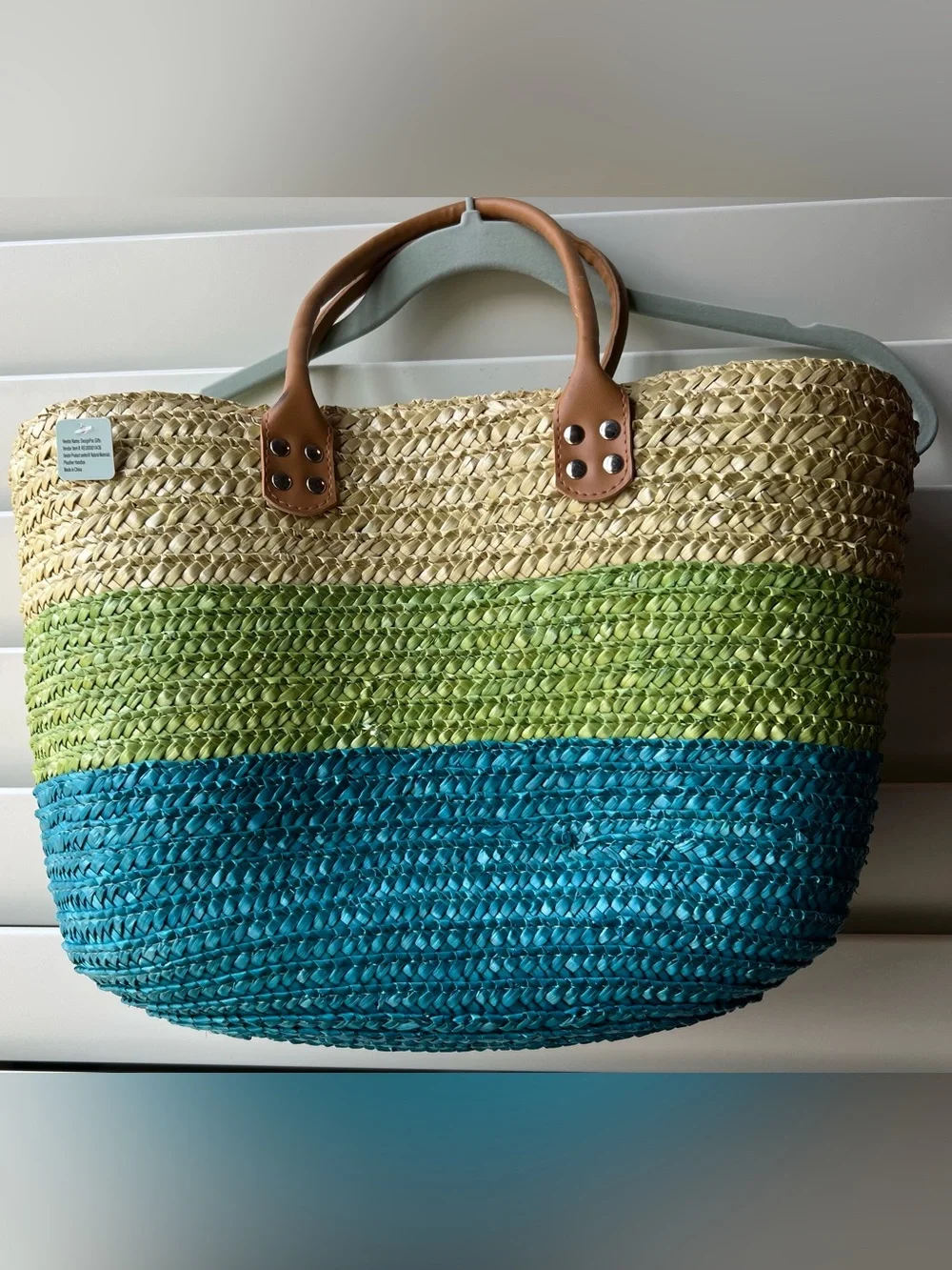 DesignPac Gifts Striped Woven Tote Bag in Blue, Green & Natural with Tan Handles